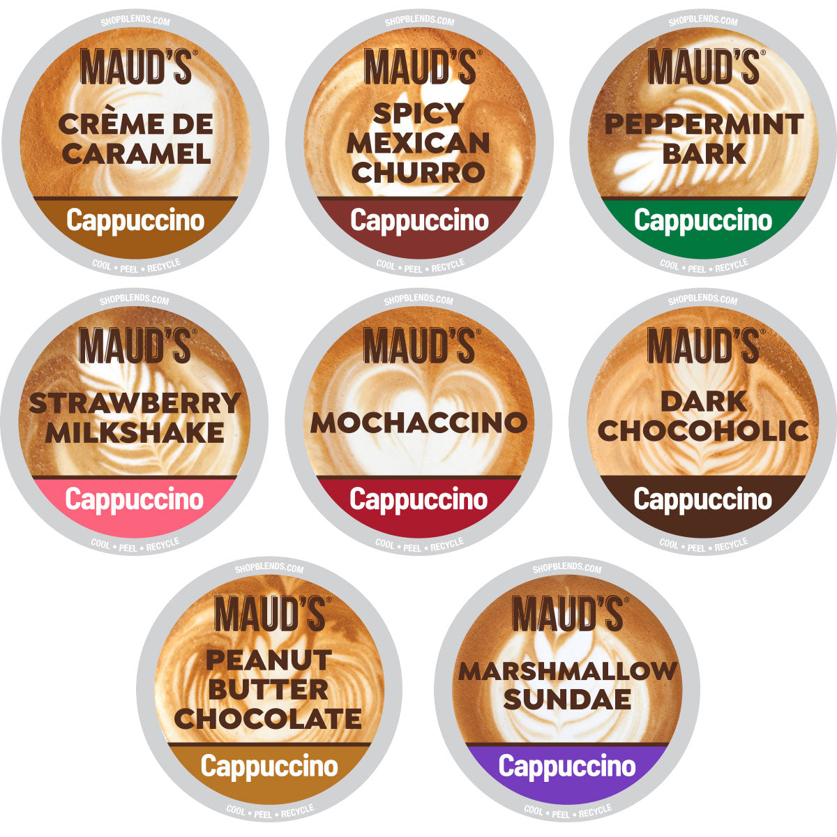Maud's Cappuccino Variety Pack Coffee Pods 8 Flavors - 56 Pods