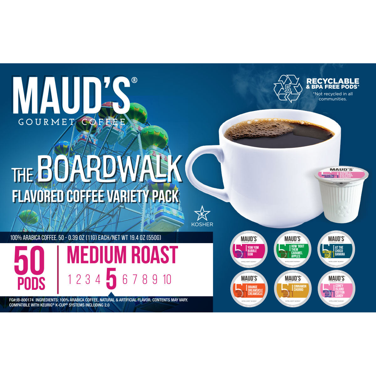 Maud's Boardwalk Flavored Coffee Pods Variety Pack (6 Flavors) - 50 Po