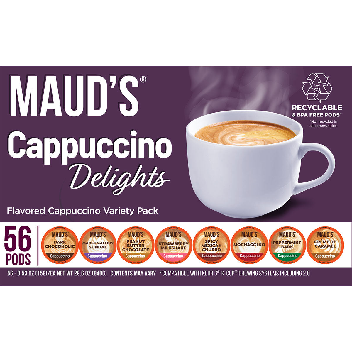 Maud's Cappuccino Variety Pack Coffee Pods 8 Flavors - 56 Pods