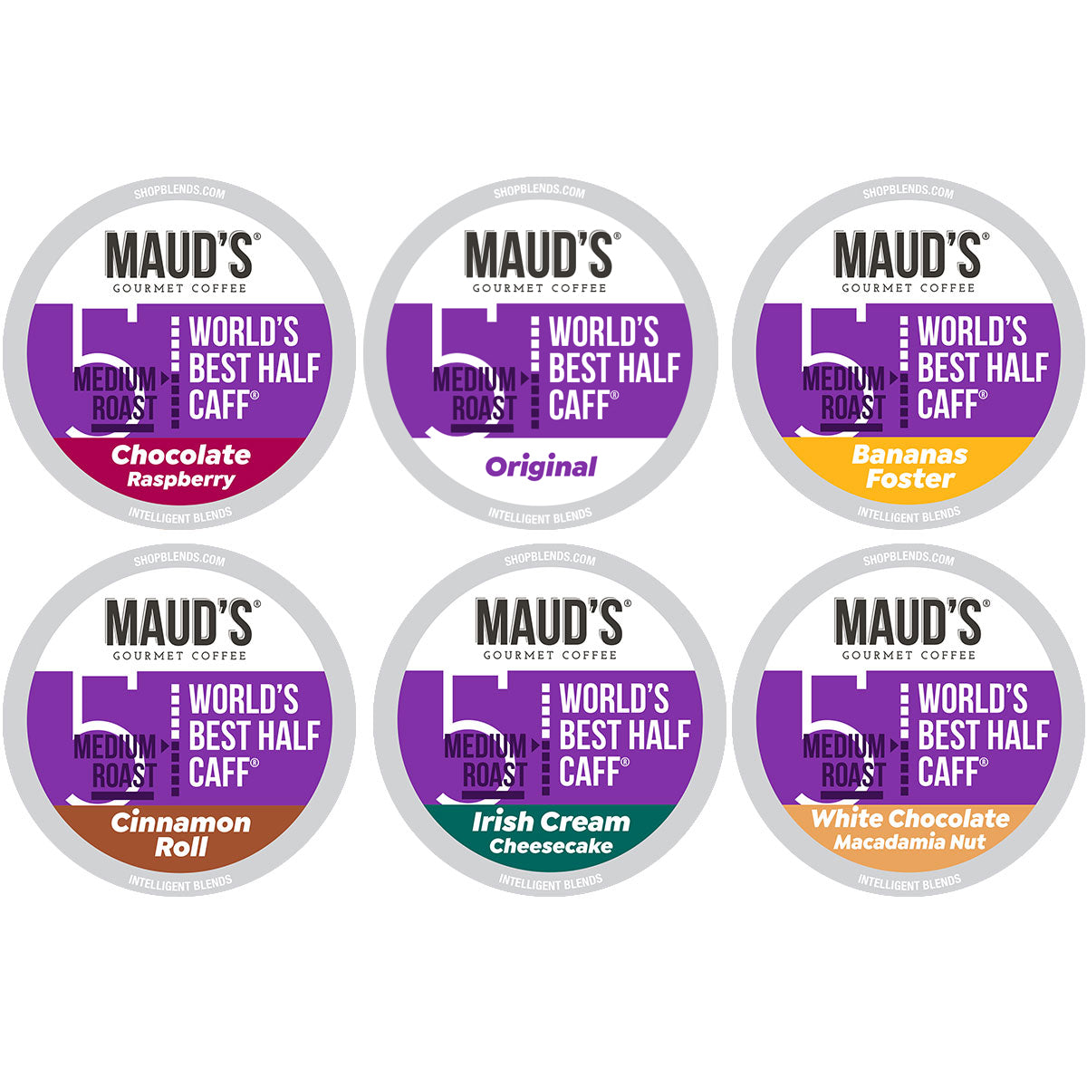 Maud's World's Best Half Caff Flavored Coffee Pods Variety Pack (6 Blends) - 48 Pods